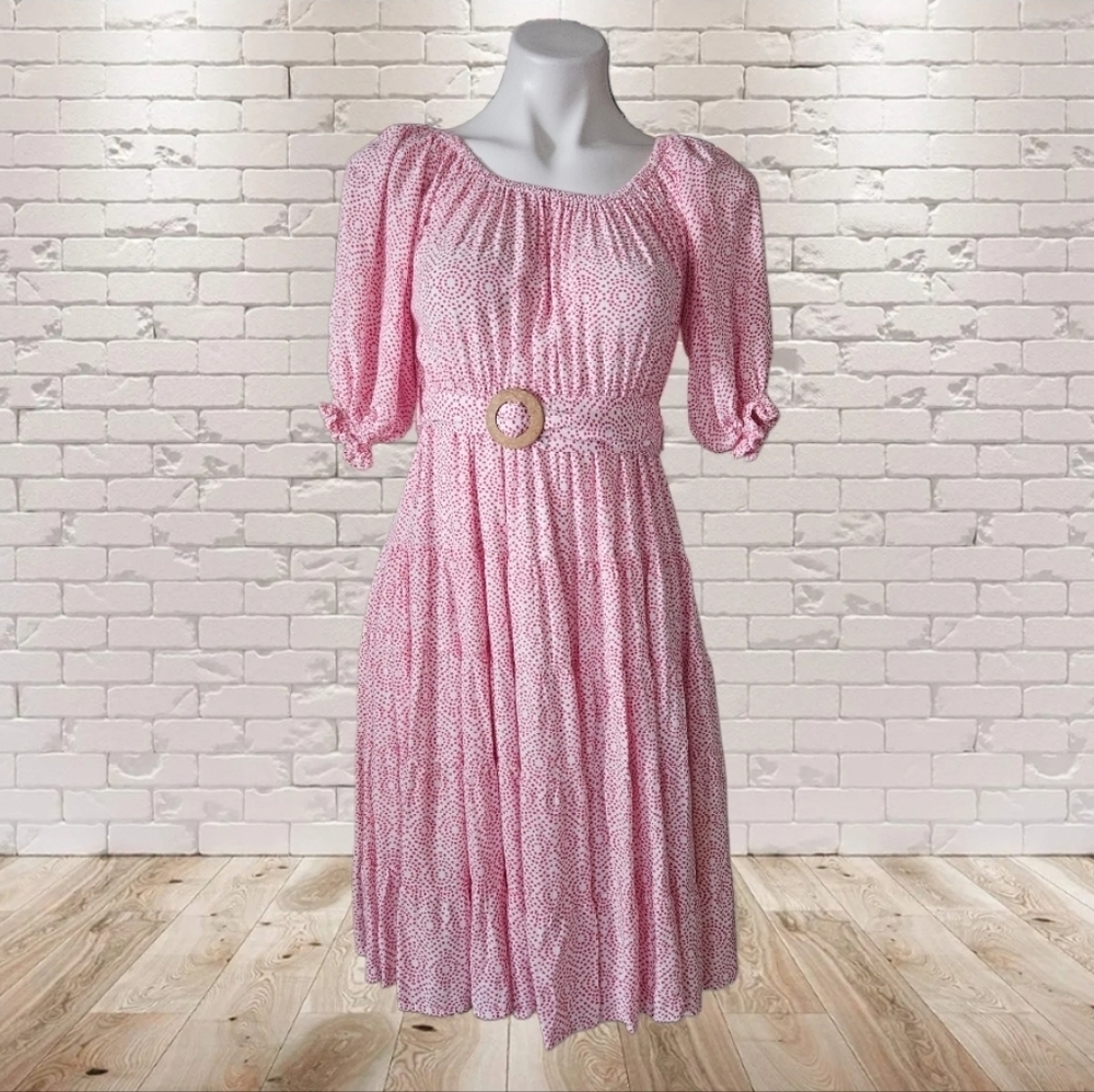MeloDay Pink Patterned Dress with Belt Large